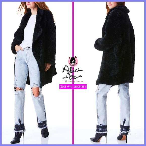Alice + Olivia Flynn Black Faux Fur Oversized Open Front Midi Coat - Picture 1 of 16
